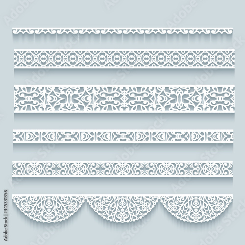 Set of seamless border patterns. Crochet lace ribbons. Elegant cutout paper lines on neutral background. Ornamental templates for scrapbooking or laser cutting. 