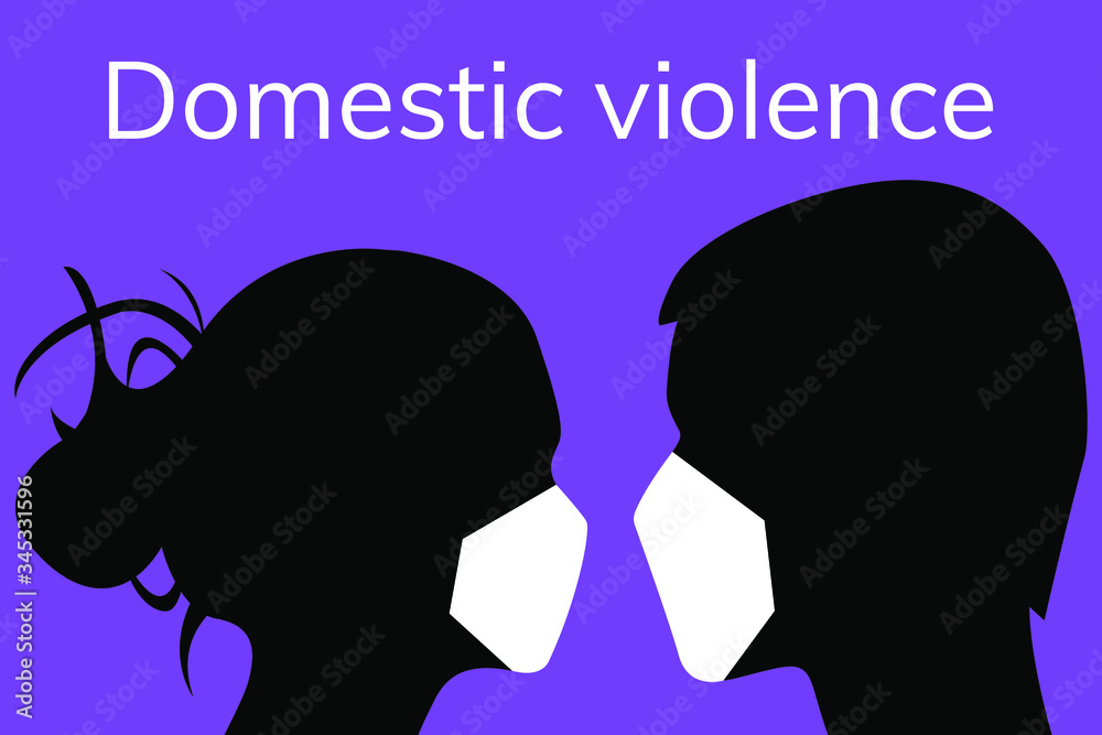 Domestic violence in quarantine and self-isolation in the family. Conflict between a woman and a man in masks, concept. Vector stock illustration