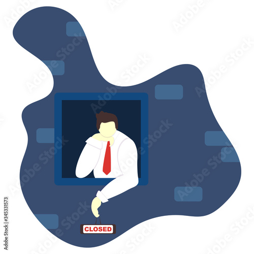 Store is closed. Seller consultant in window holds tablet closed. Small business closure due to coronavirus. Bankruptcy. Sad businessman in shirt and tie. Vector flat illustration isolated on white. 