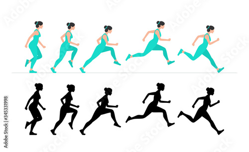 Woman Run cycle animation sprite sheet. Flat Style. isolated on white background