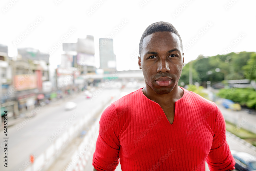 Obraz premium Face of young handsome African man against view of the city