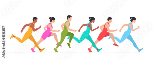 Jogging people. Runners group in motion. Flat Style. isolated on white background