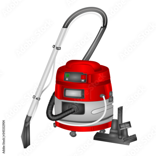 Red vacuum cleaner with water filter isolated on white background. Equipment for home care and hygienic purity watercolor vector illustration editable hand draw