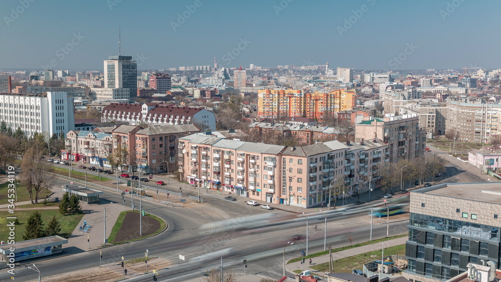 Fototapeta premium Kharkiv city from above timelapse. Aerial view of the city center and residential districts. Ukraine.