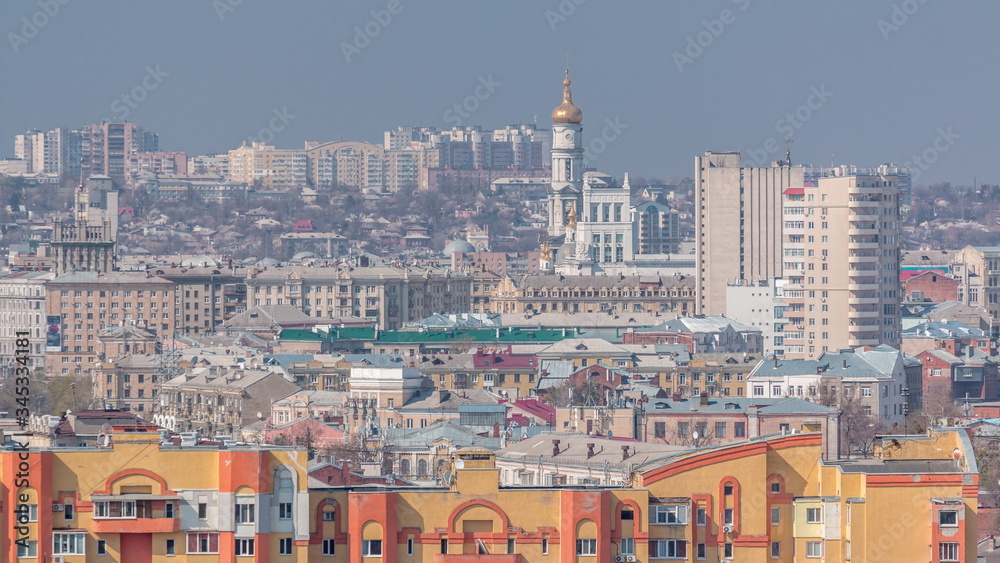 Kharkiv city from above timelapse. Aerial view of the city center and residential districts. Ukraine.