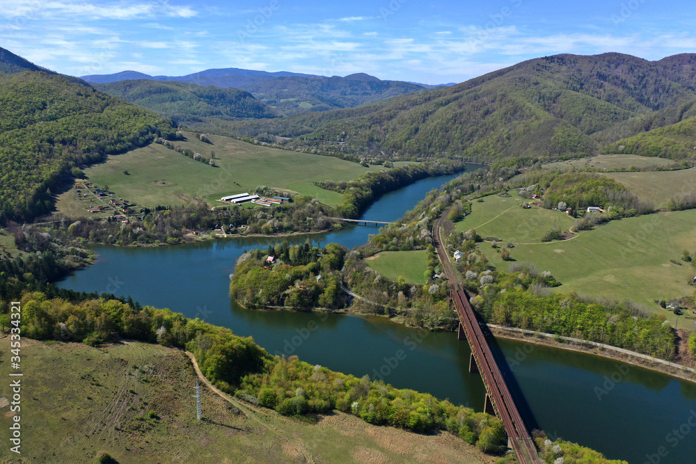 Aerial View Of Railway Bridge And Water Reservoir Ruzin In Slovakia