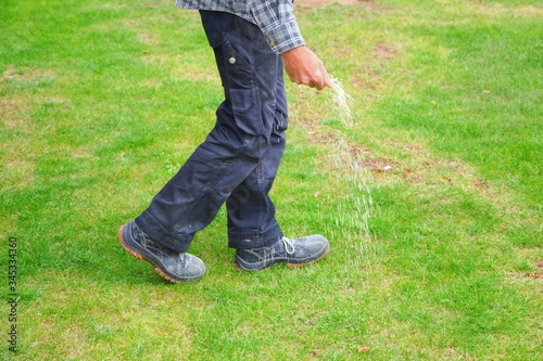 фотографія one man farmer is fertilizing the lawn soil