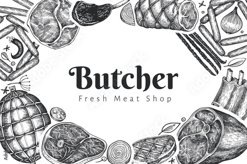 Vintage vector meat products design template. Hand drawn ham, sausages, jamon, spices and herbs. Raw food ingredients. Retro illustration. Can be use for restaurant menu. photo