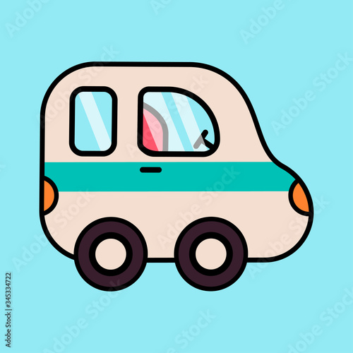 illustration with cartoon toy car. white passenger car with a green stripe