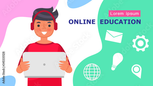 Boy Students in primary and secondary school online education type educational instruction that is delivered via the internet to students using their home computer Cartoon character Vector. 