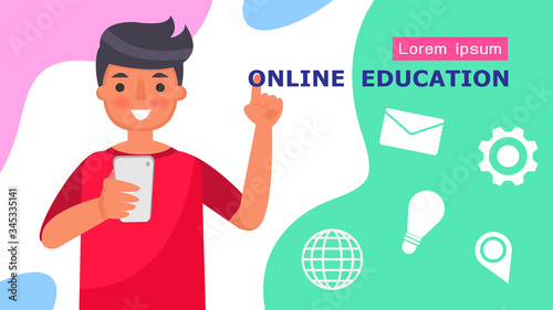 Boy Students in primary and secondary school online education type educational instruction that is delivered via the internet to students using their home computer Cartoon character Vector.  