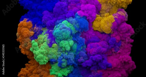 Colored abstract smoke explosion. Ink cloud isolated on black background with alpha. Colorful paints of array particles fly in air and mix smoothly. 3D slow motion animation and rendering.