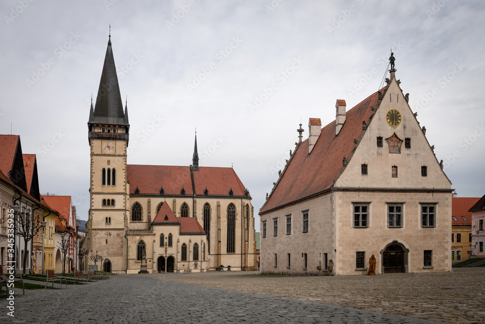 St. Aegidius Basilica and Town hall in the center of the main square of Bardejov, Slovakia. The town Bardejov is UNESCO World Heritage Site