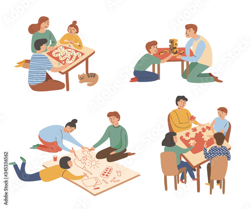 Board games family set. Parents with kids sitting at table and playing tabletop games. Spend time together. Mom,father,girl and boy at home. Vector illustration in cartoon flat