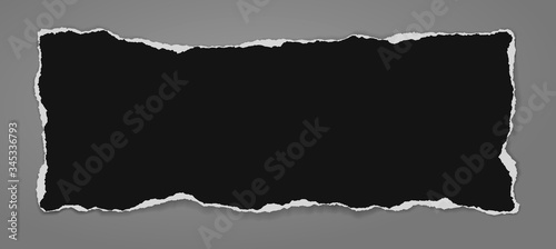 Piece of torn black horizontal note, notebook paper with soft shadow stuck on dark grey background. Vector illustration