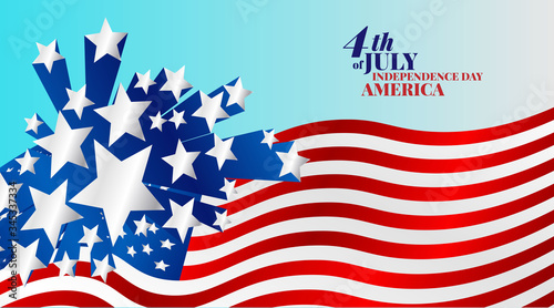 Happy 4th of July USA Independence Day with waving american national flag and star design.