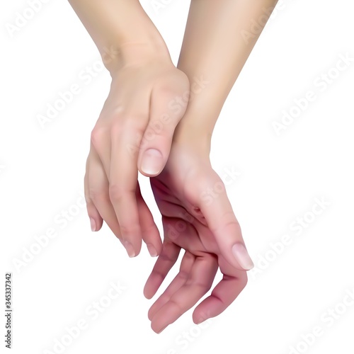 Two elegant female hands on a white background show signs. Realistic vector 3D illustration in EPS10 format.