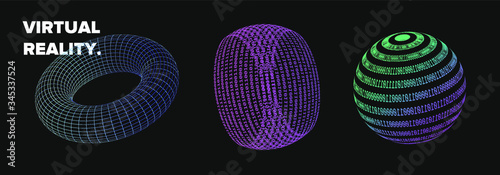 Set of 3d shapes made of binary code or from square wireframe. Concept of virtual reality VR, artificial intelligence AI and Big Data. Collection of vector elements for logotype, poster, cover design.