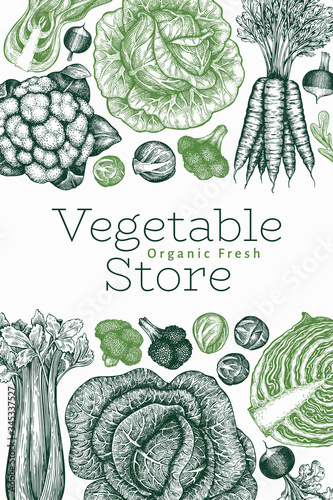 Hand drawn sketch vegetables design. Organic fresh food vector banner template. Retro vegetable background. Engraved style botanical illustrations.