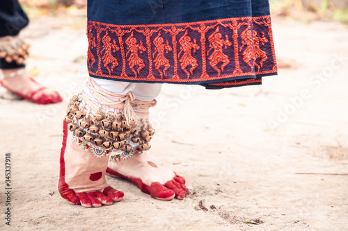 dance form indian classical feet with ghungru. close up, copy space. classical Indian culture and traditions