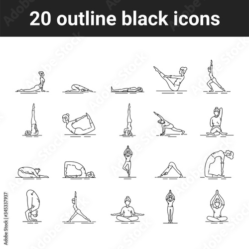 Yoga black line icons set. Different yoga poses and asanas. Pictogram for web page, mobile app, promo. UI UX GUI design element. Editable stroke photo