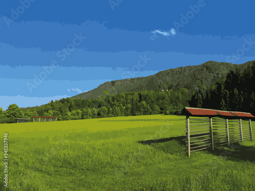 Beautiful Alpine landscape of meadow and mountains in Kransjka gora area, Slovenia.