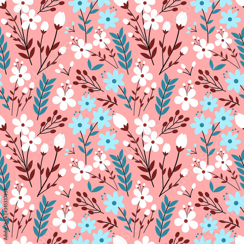 Colorful pastel Flower Seamless Pattern with pink background