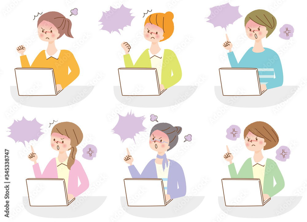 パソコン　怒る　若い女性　表情セット	
