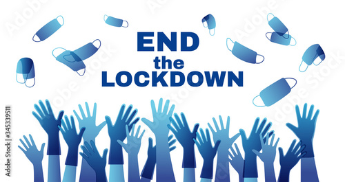 Quarantine is over. pandevic end. end the lockdown. coronavirus is finish. Hands up. multi-national group of people cheers with their hands raised in protective gloves throw up protective masks.