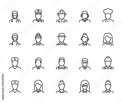 Vector set of profession line icons. Contains icons doctor, seller, fireman, builder, administrator, maid, gardener, operator and more. Pixel perfect.