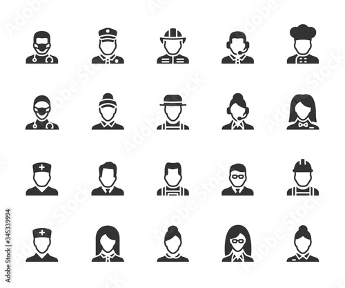 Vector set of profession flat icons. Contains icons doctor, seller, fireman, builder, administrator, maid, gardener, operator and more. Pixel perfect.