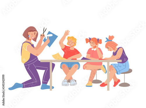 Craft lesson in kindergarten with teacher and children. Preschool kids game and educational activity in daycare centre. Creative art lessons for little kids. Flat vector illustration isolated.