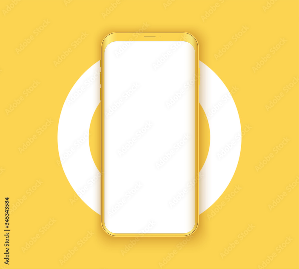 Smartphone layout presentation mockup in yellow color. Example frameless model mobile phone with touchscreen on circle. Project application mockup. Vector Illustration Smartphone layout presentation mockup in yellow color. Example frameless model mobile phone with touchscreen on circle. Project application mockup. Vector Illustration