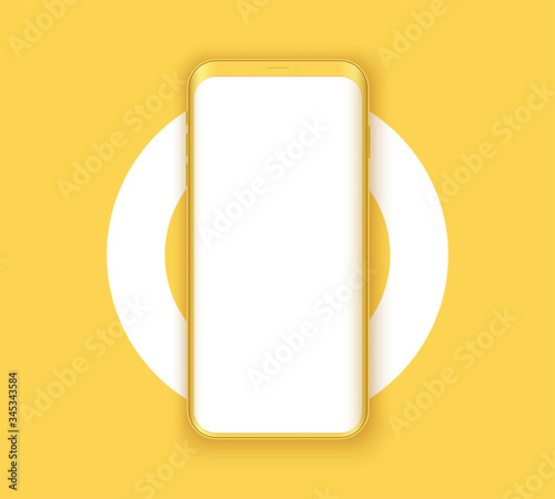 Smartphone layout presentation mockup in yellow color. Example frameless model mobile phone with touchscreen on circle. Project application mockup. Vector Illustration