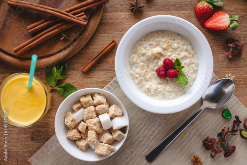 breakfast oatmeal with orange juice