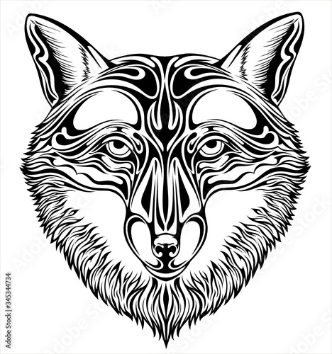 Black and white stylized image of a muzzle of a Fox for tattoo and other.