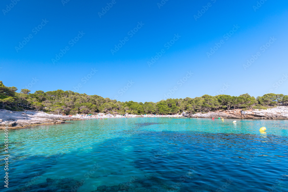 Panoramic view of the famous beach Cala Turqueta.  Menorca, Balearic islands, Spain