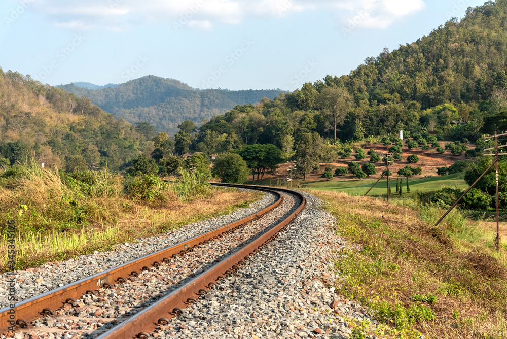 Train rail raiway for transport path to mountains and forest Train rail raiway for transport path to mountains and forest