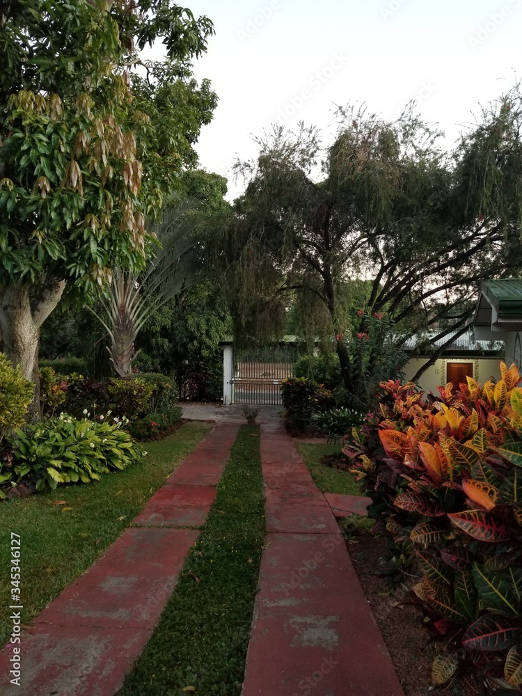 garden, path, park, tree, flower, nature, landscape, summer, trees, green, house, road, grass, architecture, sky, flowers, outdoors, outdoor, travel, beautiful, home, building, palm, view, plants