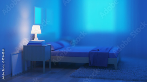 The interior of the bedroom in a modern style in blue tones. Night. Evening lighting. 3D rendering.