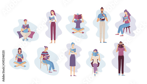 People reading books while standing or sitting