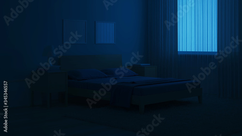 The interior of the bedroom in a modern style in blue tones. Night. Evening lighting. 3D rendering.