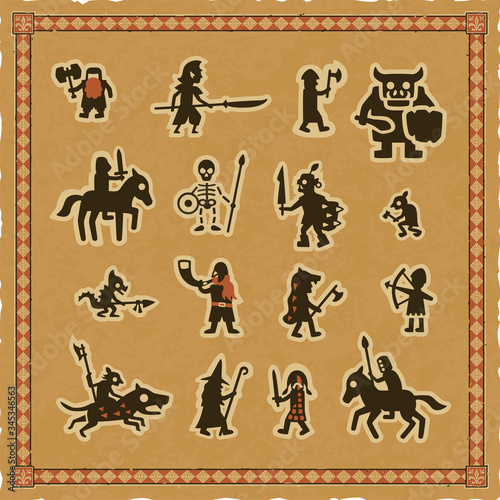 Vector set of medieval fantasy character icons on a parchment background with an ornate frame. Includes a dwarf, and elf, a wizard, goblins, an orc, mounted knights, an ogre and more.