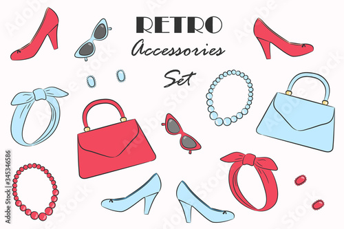 Vector Fashionable Retro Accessories. Details of Woman's Vintage Style. Red and Blue Minimalist Isolated Headband, Glasses, Beads, Handbag, Earrings, and High Heeled Shoes