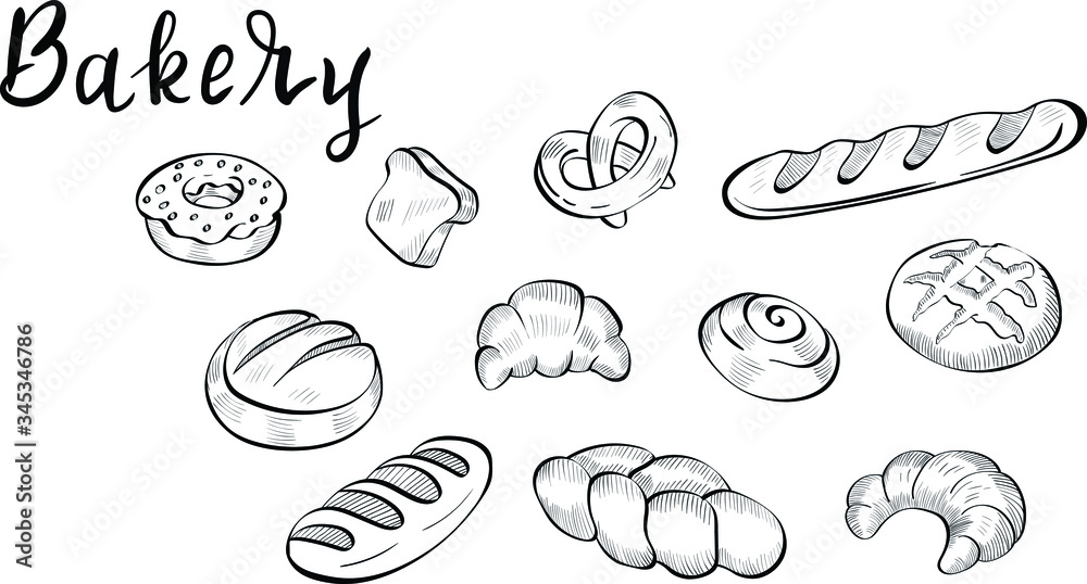 Bakery, croissant, bread food vector isolated design elements on white background. Concept for logo, menu, cards Bakery, croissant, bread food vector isolated design elements on white background. Concept for logo, menu, cards