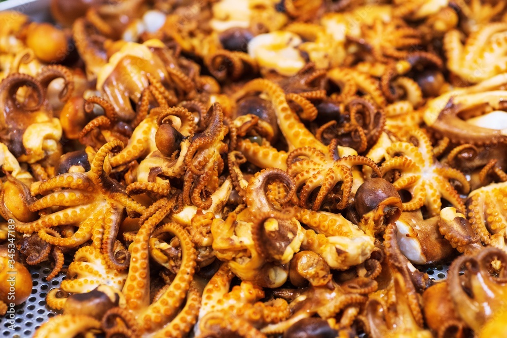 Squid barbecue, Grilled Dollfus Octopus for sale in thai street food market