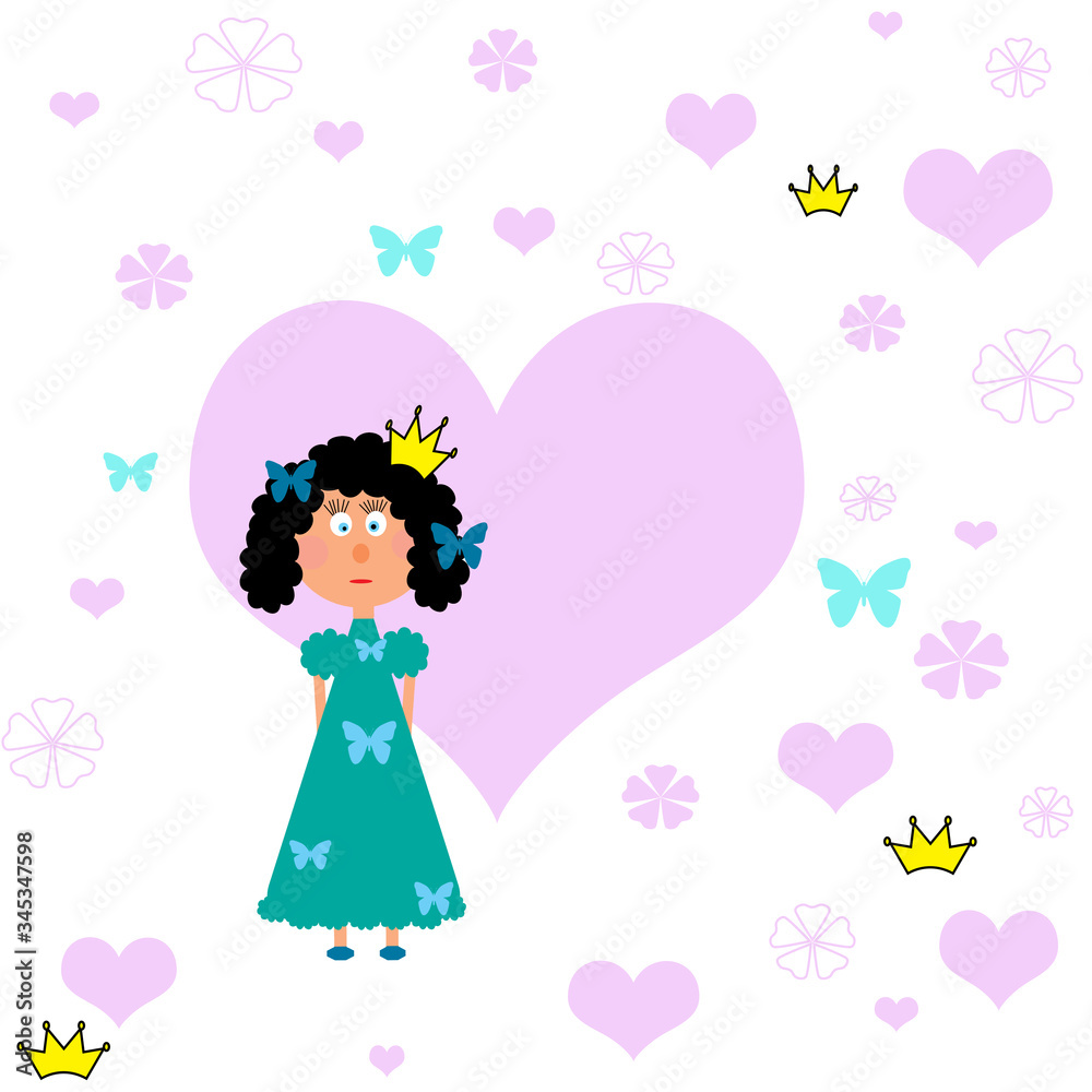 Princess doll, girl with heart, for children cartoon seamless pattern, wallpaper,  white background