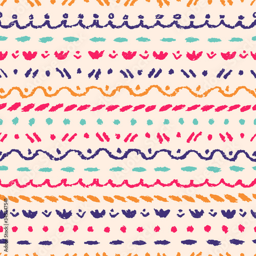 Crayon hand drawing ethnic border or seamless stripe native pattern. Pastel chalk or pencil strokes. Like child`s drawn design elements. Vector cute texture freehand scribble lines background