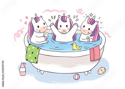 Cartoon cute unicorns washing in bathtub vector.