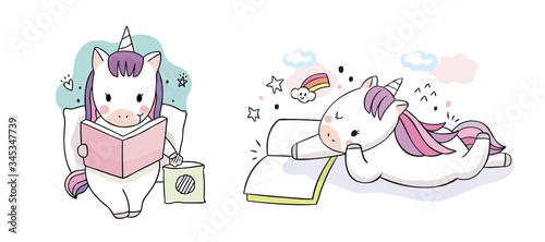 Cartoon cute adorable unicorn reading book vector.